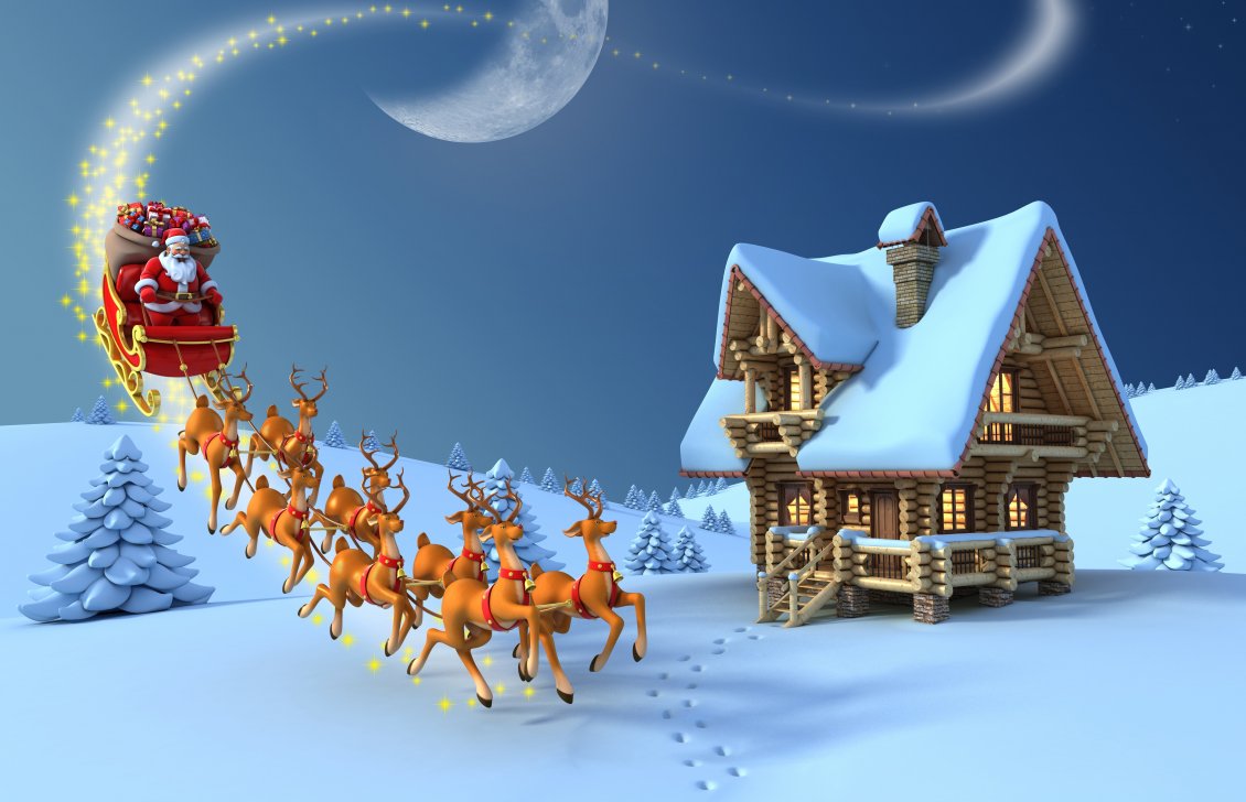 santa claus distributing gifts with reindeers